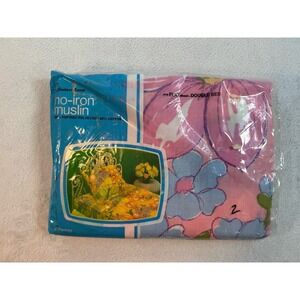 NOS Vintage Fashion Manor Flat Bed Sheet Double Pink Floral Muslin